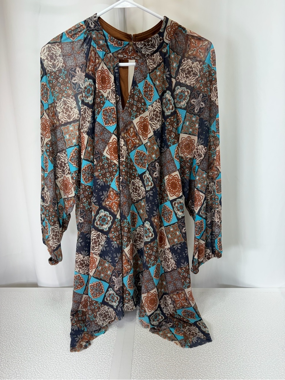 Cato Teal, Brown & Cream Patchwork Keyhole Blouse with Neck Tie 4054